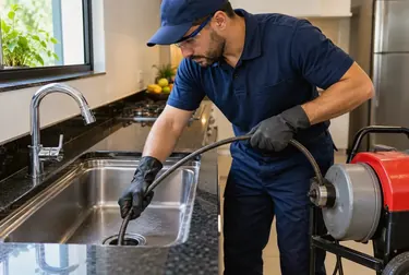 Profissional realizando desentupimento de pia em uma casa em Açailândia.
