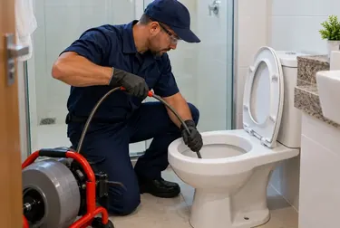 Profissional trabalhando no desentupimento de um vaso sanitário em Açailândia.