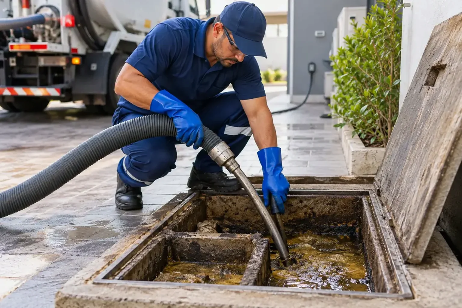 Técnico executando limpeza de fossa séptica em Açailândia.