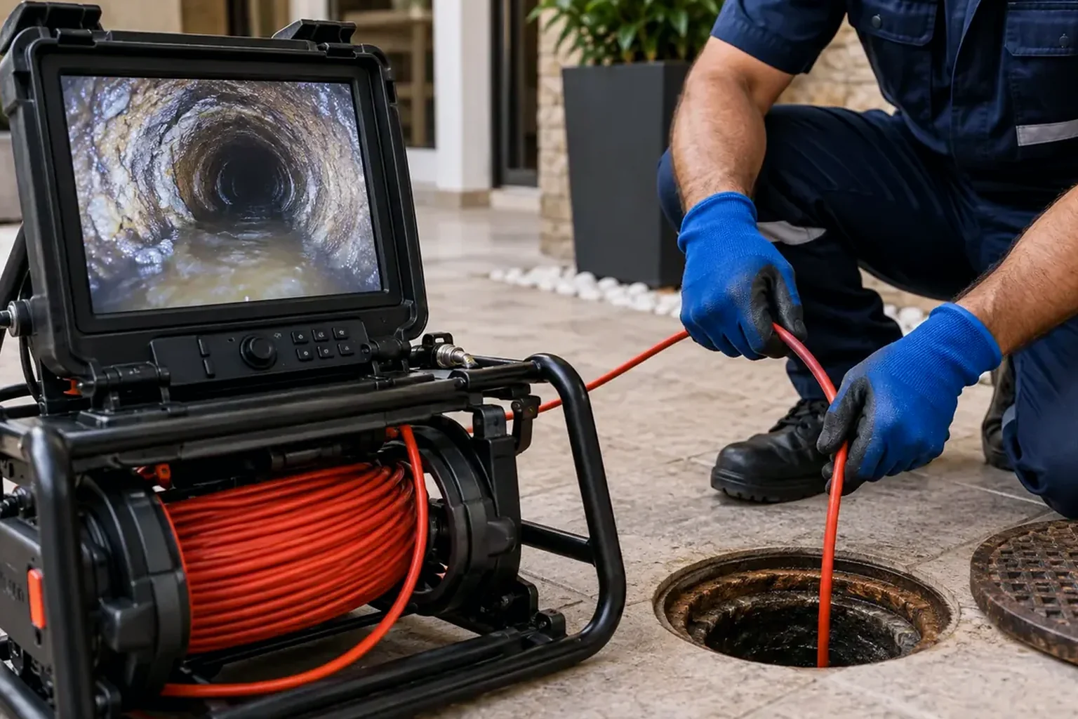 Técnico fazendo manutenção em redes de esgoto em Açailândia.