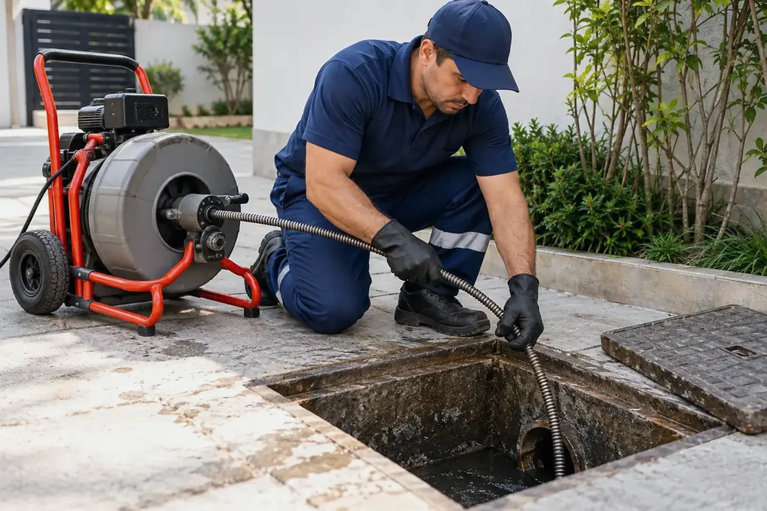 Técnico realizando hidrojateamento em esgoto em Açailândia.